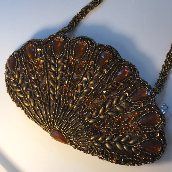 NWT Copper Brown Satin Beaded Bag & Beaded strap - Picture 3 of 8